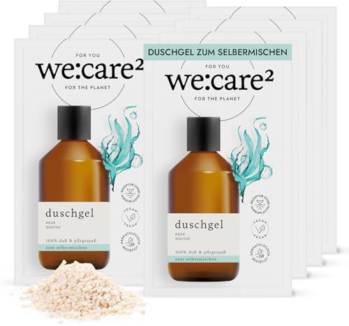 we:care² 8x Duschgel Pulver (Granulat) zum Anrühren Aqua/Marine - 32g ergibt 250ml nachhaltige & vegane Nachfüllseife ohne Silikone, Parabene & Mikroplastik - Duschpulver - Duschgelpulver