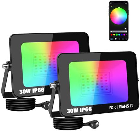 SKYWORLD 2 x 30W RGB LED Strahler, Smart LED Fluter Flutlicht mit APP-Steuerung, RGBW Farbwechsel Dimmbar Wasserdicht Außenstrahler Flutlichtstrahler für Garten Hof Party Stimmungslichter