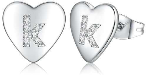 Ohrringe Silber 925 Ohrstecker Silber 925 für Damen Mädchen Kinder, Klein Herz Ohrringe Silber Buchstaben Ohrstecker mit Zirkonia, Schlafen Knorpel Ohrstecker 10mm (silber-K)