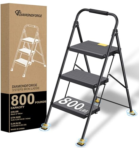 Step Ladder Foldable Folding Stool - for Home Adults Kitchen 3 Stepping Extension Tall Heavy Duty with Handrails - Closet Stepstool Stair Ladders Extendable Stepladder for Indoor House 800Lbs