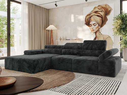 MKS MEBLE Ecksofa mit relaxfunktion elektrisch, Sofa L-Form - Rilasso - Dunkelgrau Plüsch Links