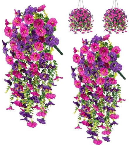 HIQE-FL Flores Artificiales Colgantes,2 Piezas Flores Colgantes Artificiales,Plantas Colgantes Artificiales,Petunias Artificiales,para Jardín,Interior,Exterior