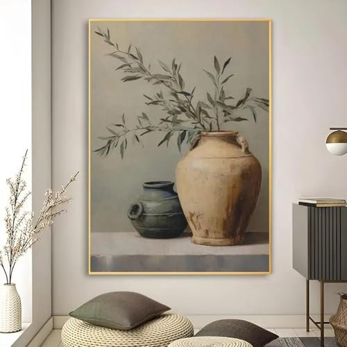CHAOJIART Quadro su tela minimalista retrò con ulivo in vaso, poster, stampe, natura morta, decorazione botanica antica per la casa, 80X120 cm, senza cornice.