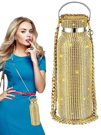 Acunny Bottiglia d'acqua - | Bottiglia d'acqua termale con strass - acqua isolata glitterata da 350 ml, ricaricabile, con catena, regalo per donne e ragazze