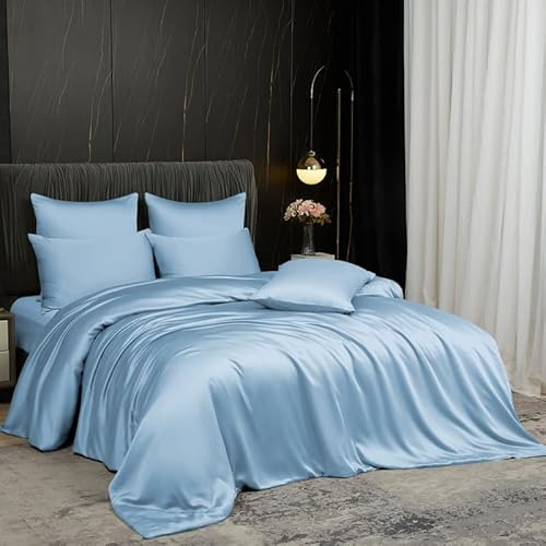Gezu Bambus Bettwäsche 135x200cm Blau Sommer Kühlende 100% Bambusseide | Antibakteriell Lyocell Glänzend Bettwäsche Set Atmungsaktiv Bamboo Bettbezug 135x200 Einzelbett mit Reissverschluss
