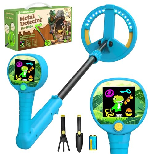 GreenRex Metalldetektor Kinder, Für Kinder von 3–12 Jahren, 6CM HD LCD Display, Ton & Lichtsignale, 59–82CM höhenverstellbar, 10CM Präzision, 470g leicht, lehrreiches Outdoor-Set,Blau