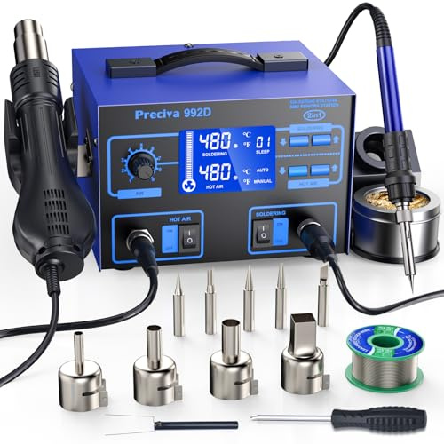 Preciva Saldatore a Stagno Professionale, 750W PID Stazione Saldante 2 in 1 ad Aria Calda e Stazione di Saldatura SMD con Display LCD, Modalità AUTO/MAN, Sleep Saldatore, Aria Calda e Fredda