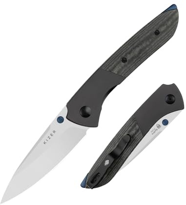 Kizer Spitfire EDC Taschenmesser, 14C28N Drop Point Klinge Klappmesser | 8 cm Faltbar Klinge mit Aluminium & Micarta Griff, Daumenknopf-Öffner Camping Jagd EDC-Messer für Männer und Frauen V3690A1