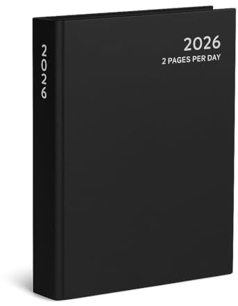 Terminplaner 2026, A4, zwei Seiten pro Tag, Jahresplaner mit festem Einband, Terminkalender 2026 mit stündlichen Fächern, Organizer, ideal für Studenten, Business, Büro, Zuhause (schwarz)