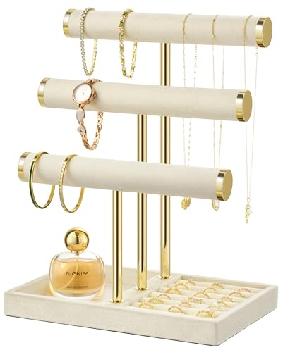 Josmimic Portagioie a 3 Ripiani - Grando Espositore Beige per Bracciali, Espositore Rimovibile con Barra a T, Portabracciali in Velluto, Portagioie per Bracciali, Collane, Orologi, Anelli