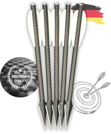 S&K - 5X Premium 3K Carbon Bolzen mit Jagdbodkin 6,3 für Pistolenarmbrust – Kompatibel mit Steambow Stinger, EK Archery Vlad & Cobra UVM. – Hochpräzise Armbrustpfeile mit Jagdbodkin & weißen Vanes