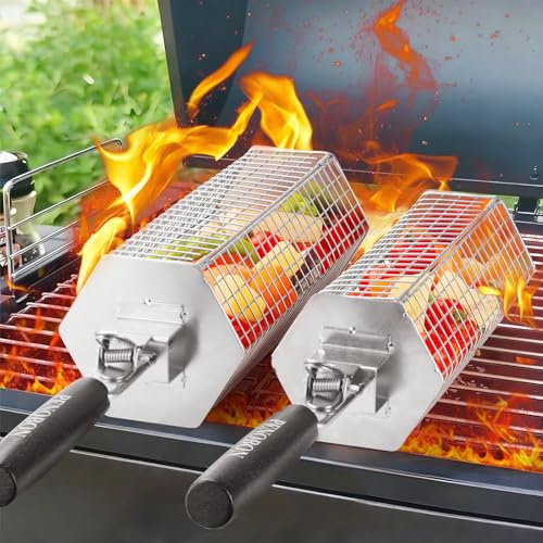 Set di 2 cestini esagonali per barbecue, in acciaio inox, con manici in legno rimovibili, design grande e piccolo, per campeggio all'aperto, ideale per verdure, carne e frutti di mare su griglia a gas