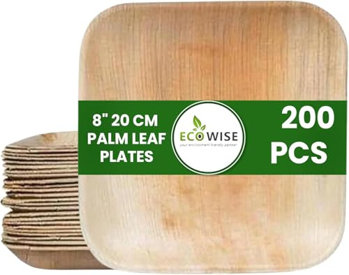 EcoWise 200 Palm Leaf Plates 8 Inch Square – Eco-Friendly Biodegradable Compostable Bamboo Plates, Disposable Dinner Party Plates for Hot & Cold Food, Picnic, Wedding & Events