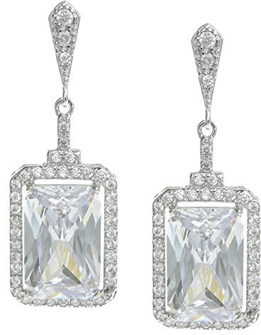 Rhodium auf 925 Sterling Silber Rechteck Klar CZ Kristall baumeln Charme Ohrstecker Post Ohrring