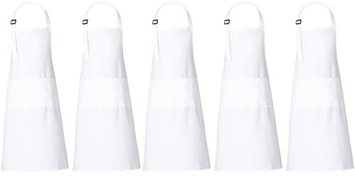 RAJRANG Schürze weiß aus Baumwolle, 5er Set, 3 Taschen, Latzschürze für Küche, Kochschürze für Damen und Herren, 35x27 Zoll