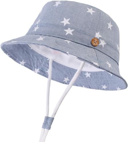 DRESHOW Baby Sun Hat Toddler Sun Protection Animal Cap Unisex Summer Bucket Hat with Chin Strap UPF 50+, 3 - 6 Month, Star Light Blue