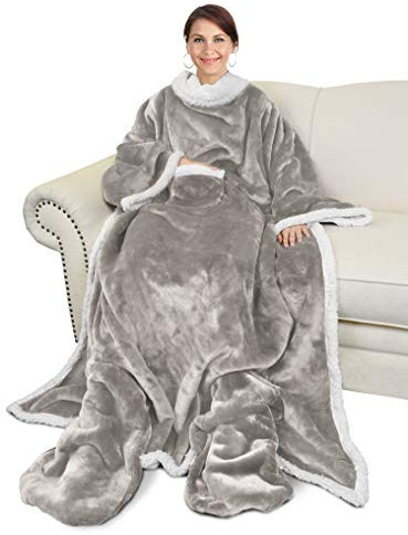 Catalonia Sherpa Wearable Blanket with Sleeves & Foot Pockets for Adult Women Men,Comfy Snuggle Wrap Sleeved Throw Blanket Robe,Gift Idea,Camel