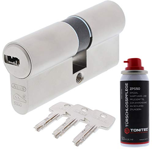 ToniTec Set aus ABUS Zylinderschloss als Doppelzylinder EC550 mit 3 Schlüssel Größe 45 50 mm + ToniTec Pflegespray