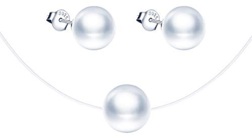 Yumilok Damen Schmuckset Halskette mit Perlen Anhänger & Perlen Ohrstecker Ohrringe aus 925 Sterling Silber