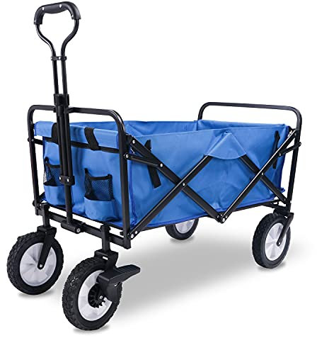 Faltbarer Bollerwagen Handwagen Gartenwagen mit Teleskopgriff 360°Räder Bremse Blau
