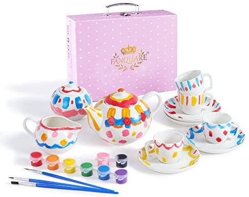 fanquare Juego de Té de la Tarde de Porcelana de 12 Piezas para Adultos, Niños, Juego de Café blanco, Juego de Té de Pintura DIY