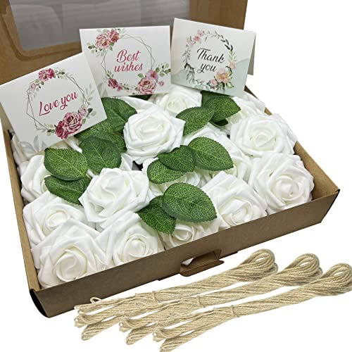 Cayway Künstliche Rosen, Deko Blumen Fake Rosen, Künstliche Rosen Blumen Foamrosen Kunstblumen mit Stielen, Hanfseil für DIY Hochzeit Blumensträuße Braut Zuhause Dekoration (Weiß)