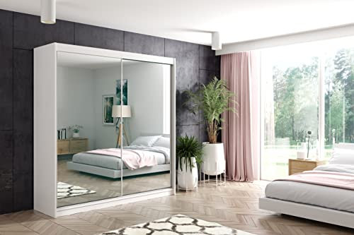 ALTDECOR Kleiderschrank mit Spiegel und Schiebetüren, kugelgelagerte Führungsschienen und Aluminium-Leisten - DEBI - 200 cm Weiß