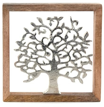 DESIGN DELIGHTS WANDBILD Lebensbaum | 20 cm, Metall, Mangoholz | Baum des Lebens Wanddeko, Metallbild mit Holzrahmen