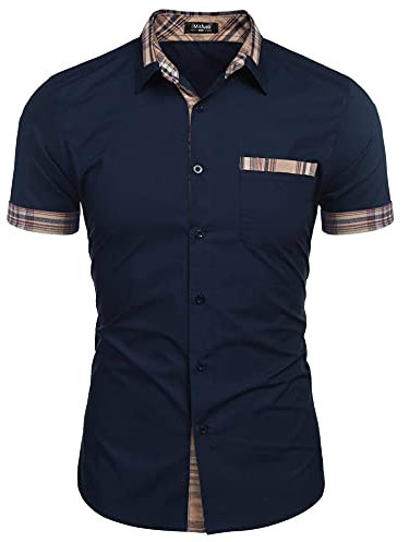 Misfuso Chemise Homme à Carreaux Manche Courte avec Poche Poitrine,Chemise décontractée sans Repassage Bleu XXL