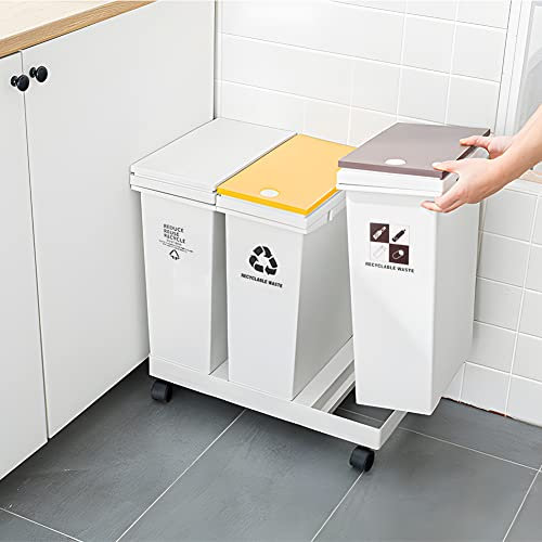 Mülleimer mit 3 Fächern, 20 l x 3 Fächer, 60 l, Mülleimer und Recycling-Mülleimer mit Deckel, abnehmbarer und aufdrückbarer Deckel, Sortier-Mülleimer, Küche, Kunststoff, Dreifach-Mülleimer, große