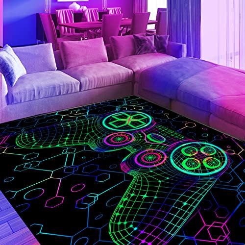 EISKBC Neon Gaming Area Rug, 3D Schwarzlicht Game Controller Teppich, rutschfeste UV reaktive fluoreszierende Bodenmatte, große Spielmatte für Kinderspielzimmer Spielzimmer, 119.4x177.8 cm