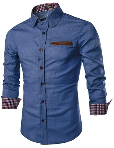 COOFANDY Mens Denim Shirts Long Sleeve Business Casual Dress Work Shirt Formal Slim Fit Shirts Plaid Collar Cowboy Shirt AA-Sky Blue L