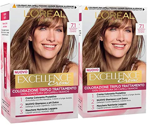 L'Oréal Paris - Tinte permanente Excellence Cremas 7.1 rubio ceniza coloración triple tratamiento cubre 100% cabello blanco de larga duración con ácido hialurónico – 2 tonos