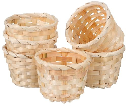 NUOBESTY 6 mini cestas tejidas de madera, cestas pequeñas en miniatura, cestas tejidas de madera artificial, mini cesta de almacenamiento tejida de paja sin asas, mini cesta de comestibles