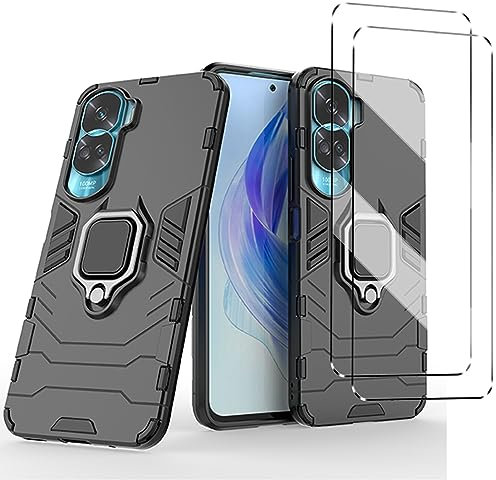 [3 in 1] Case Compatible with Honor 90 lite Cover with 2 Pack Tempered Glass Screen Protector for Honor 90 lite, Slim Fit Soft TPU Shockproof Anti-Scratch Phone Case Cover - Black