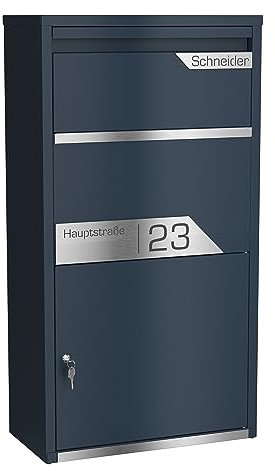 Graviers Design Paketbriefkasten personalisiert freistehend - pulverbeschichteter Stahl mit Edelstahl Namensschild Gravur - Briefkasten Rückholsperre Postbox für Pakete Briefe Paketbox Design 4