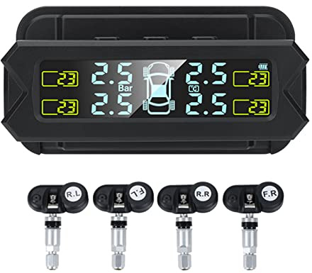 Shkalacar USB/Solar TPMS 0-81 PSI Sistema de Control de Presión de Neumáticos con 4 Sensores, 5 Modos de Alarma, Pantalla LCD con Retroiluminación Automática para Coche Sedán SUV MPV (Interno)