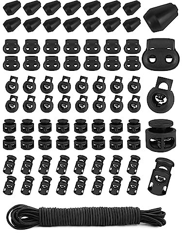 Sinofort 100Pcs Toggles for Drawstrings 5 Styles Toggles for Cord Locks Spring Toggle Drawstring Toggle With 3mm*4m Black Spring Rope for Shoelaces Clothing Backpack