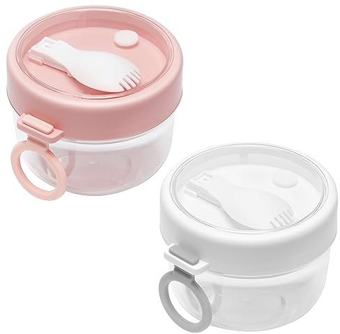 Barnaous Müsli to Go Becher mit Löffel,4 StüCk Overnight Oats BehäLter mit Deckel und LöFfeln,Overnight Oats GläSer, Luftdichter JoghurtbehäLter für Milch,Obst(weiß, rosa)