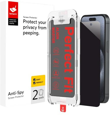 BERSEM 2 Pack Privacy Screen Protector for iPhone 15 Pro Max, Anti-Spy, Easy Installation Kit, 9H Tempered Glass, Bubble Free, Anti-Glare, Case Friendly