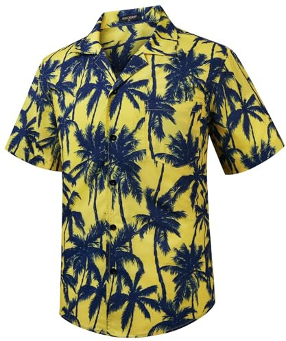 HISDERN Hawaiian Shirt Mens Shirts Short Sleeve Summer Funky Hawaii Print Button Down Short Sleeved Cuban Collar Beach Shirts for Men Holiday Yellow S