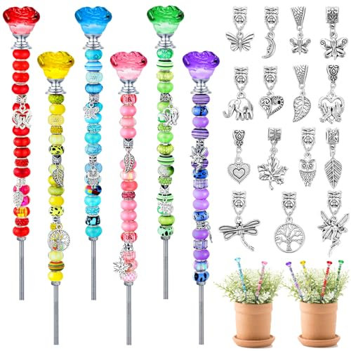 Lineshading 6 Sets Perlen-Gartenstecker-Set, Rosen-Gartenstecker Zubehör mit Perlen, Kristall-Rosen-Stopper oben (klassische Farbe)