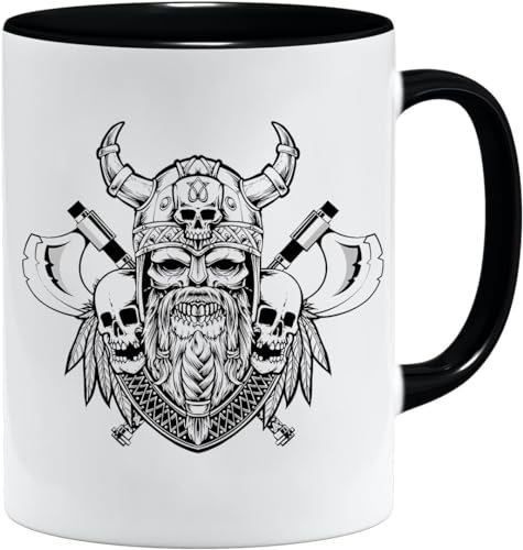 Jungle Mug Taza vikinga nórdica, idea de regalo para hombres mayores, papá, abuelo, taza de café, diseño vikingo, cránea, jarra de cerveza y martillo (VIKING029)