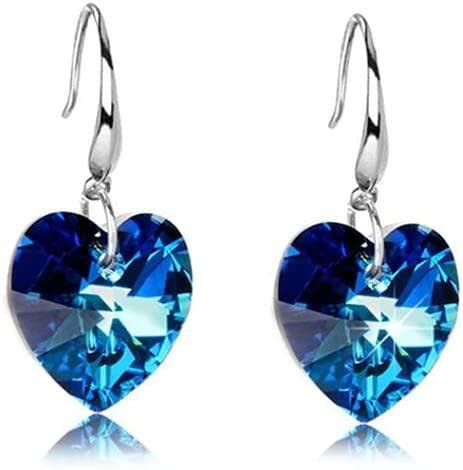 1Pair Women's Blue Heart Charm Pendant Elegant Crystal Ear Stud Dangle Earrings Hook Eardrop Earrings Bridal Wedding Jewelry Gift for Women Girls Random