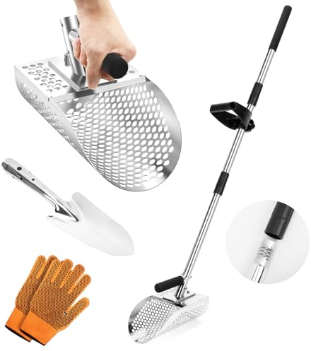 Long Handle Sand Scoop, Stainless Steel Shovel Scoop for Metal Detecting for Adults, Shovel Underwater Treasure Hunting, Adjustable Length，Handheld with Long Steel Handle Pole Design