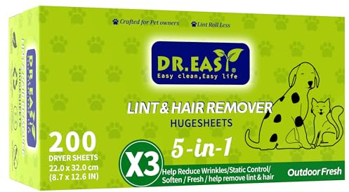 Dr.Easy LINT- & HAARENTFERNER Tier GROßBLATT mit 3X Trocknerblättern, Frisch für draußen, 200 Stück, PFLANZEN- & MINERALBASIERTE FORMEL