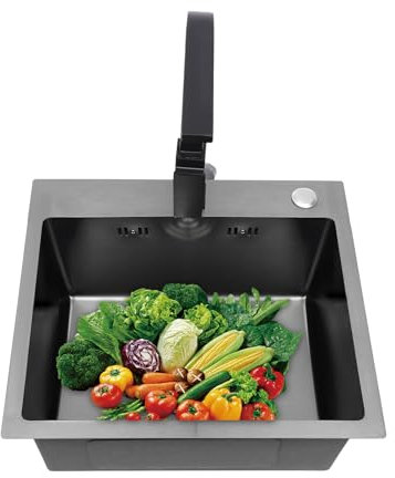 Évier de cuisine moderne en acier inoxydable avec robinet, distributeur de savon, tuyau d'évacuation, etc., grand lavabo 45 x 40 x 20 cm, 1 lavabo, noir gris