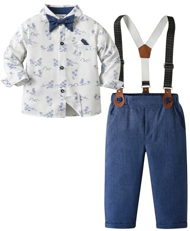 Volunboy Baby Jungen Anzug Set Bekleidung, Kleinkind Langarm Hemd mit Fliege + Hosenträger Hosen 4 Stück Anzug (3-4 Jahre,Blauer Druck,Größe 110)