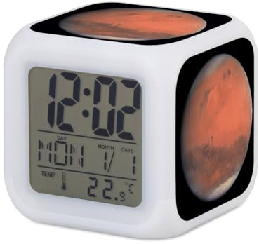 Fabulous Wecker Würfel beleuchtet Weiß – Planete Mars Astronomie Weltraum Stern – 7,8 x 7,8 x 7,8 cm – Retro Beleuchtung Mehrfarbig LED