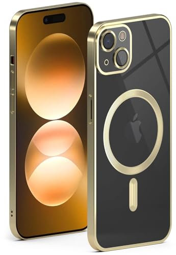 ONEFLOW Aura Case für iPhone 15 Hülle kompatibel mit MagSafe, Handyhülle mit Kameraschutz, Schutzhülle für induktives kabelloses Laden, Silikonhülle Durchsichtig, Gold